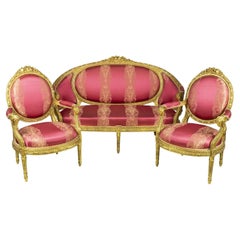 French Louis XVI Style Carved Giltwood and Pink Damask Upholstered Salon Set
