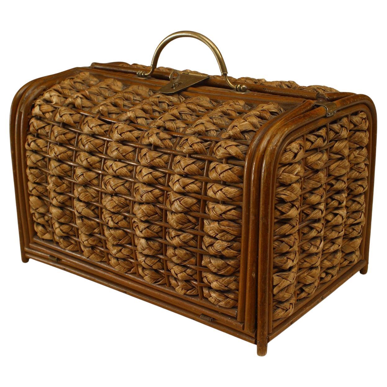 English Victorian Woven Rattan Box with Brass Handle, 19th Century, UK