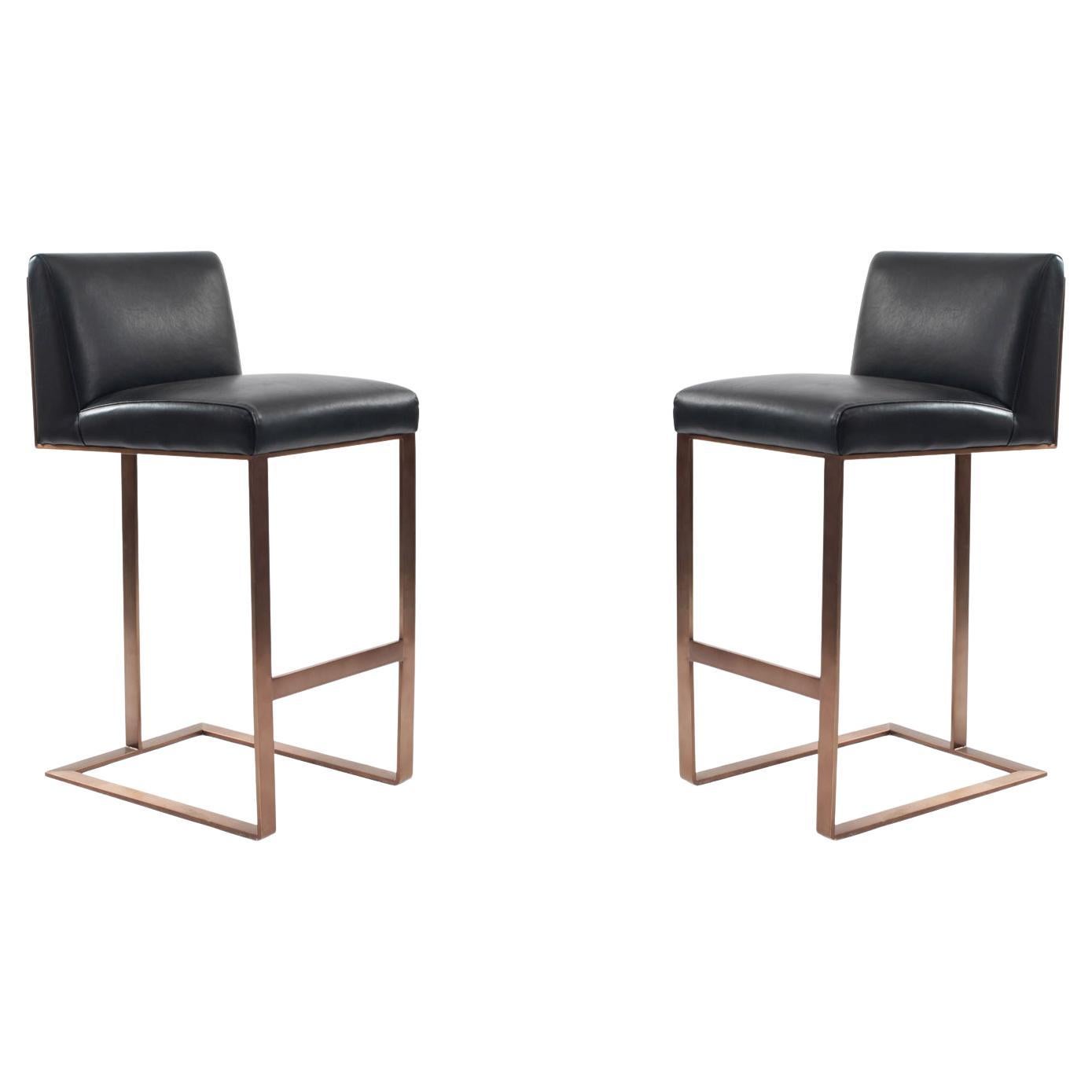 Contemporary Bar Stools with Black Leather Seats, Brushed Metal, USA