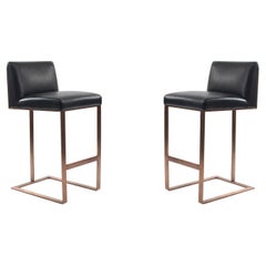 Contemporary Bar Stools with Black Leather Seats, Brushed Metal, USA