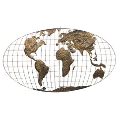 American Mid-Century Gold Metal World Map Plaque, Oval Shape, USA