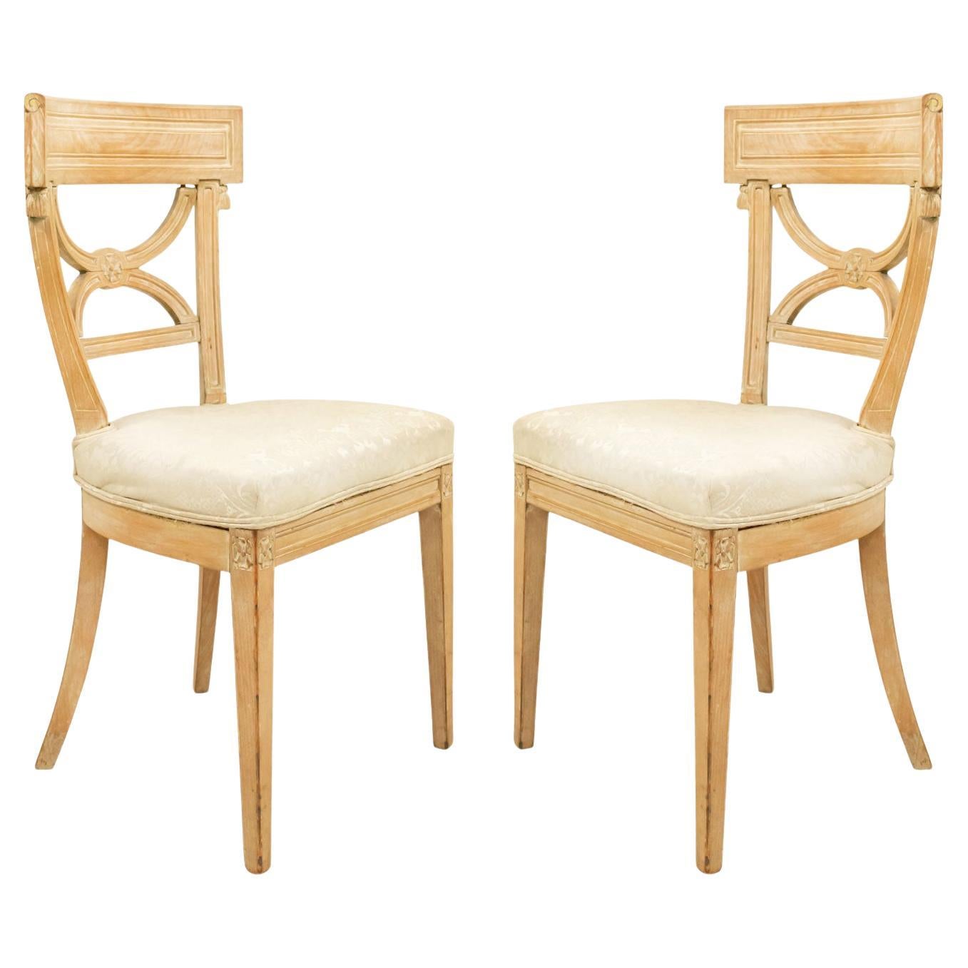 Continental Neoclassic Beech Side Chairs with White Damask Upholstery For Sale