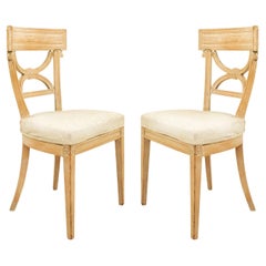 Continental Neoclassic Beech Side Chairs with White Damask Upholstery