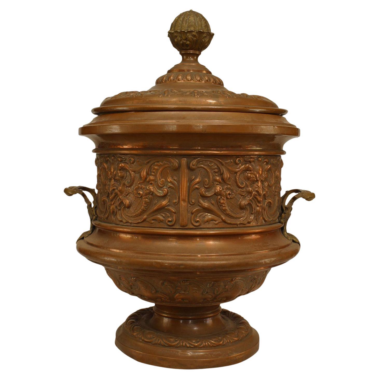 English Victorian Hammered Copper Centerpiece with Brass Finial, UK