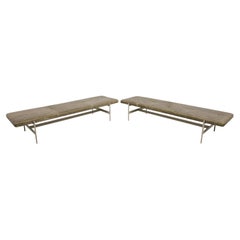 Mid-Century Sage Green Leather Rectangular Bench with Metal Base
