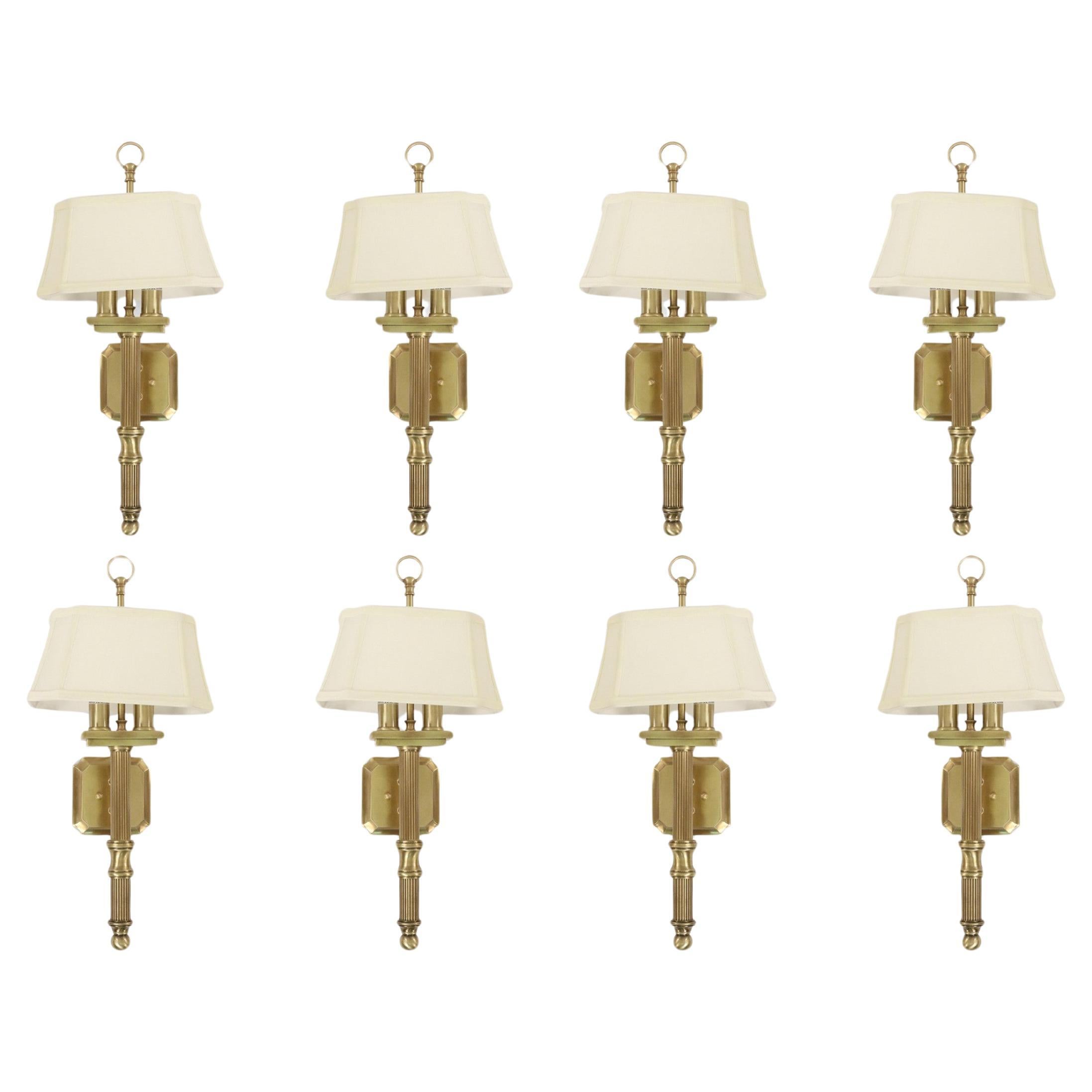 Contemporary Matte Brass Wall Sconces with Beige Fabric Shades