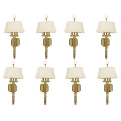 Contemporary Matte Brass Wall Sconces with Beige Fabric Shades