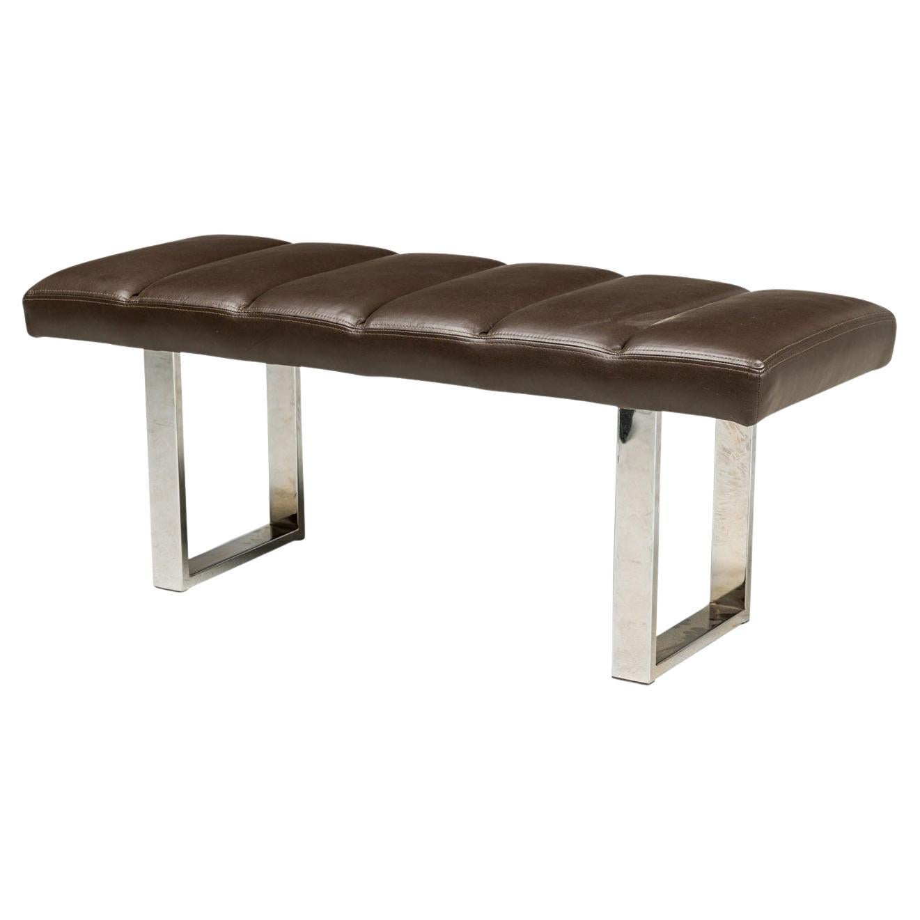 American Mid-Century Bench, Brown Channeled Leather, Chrome Legs, USA For Sale