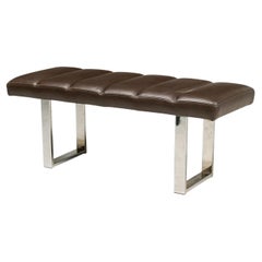 American Mid-Century Bench, Brown Channeled Leather, Chrome Legs, USA