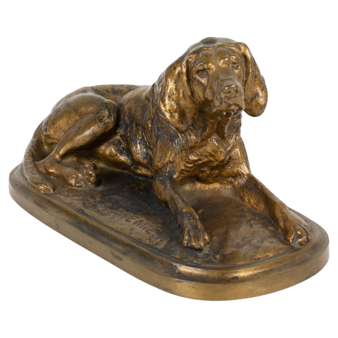 Fremiet 19th Century Victorian Bronze Dog Sculpture with Oval Base For Sale
