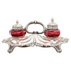 English Victorian Silver and Cranberry Glass Inkwell