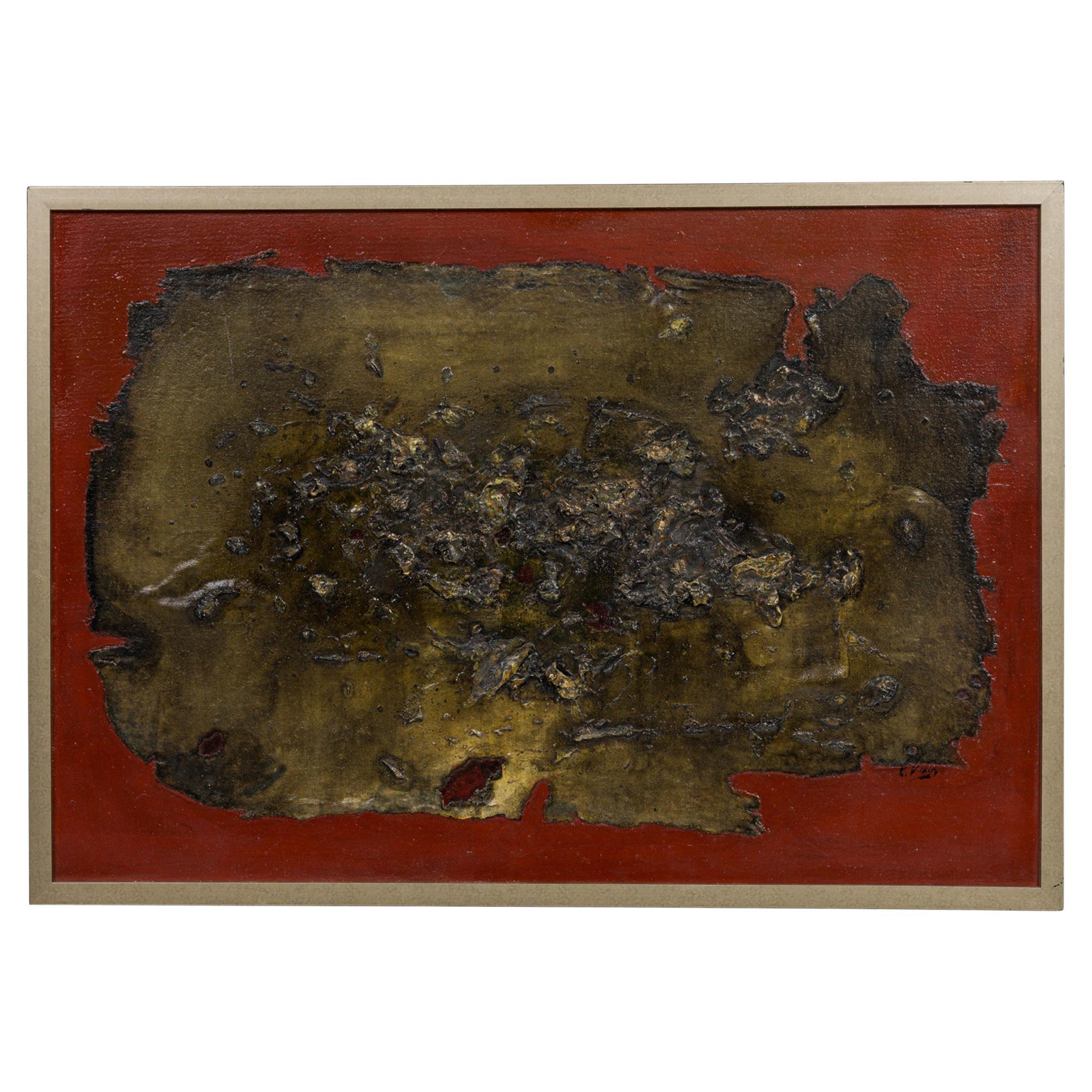 Abstract Expressionist Oil on Canvas, Textured Beige and Red, Framed For Sale