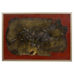 Abstrakt-expressionistisches Ölgemälde auf Leinwand, strukturiert in Beige und Rot, gerahmt