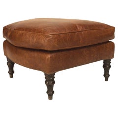 Victorian Style Chestnut Brown Leather Ottoman with Turned Legs