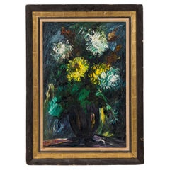 "Mid-Century Modern Oil on Canvas Still Life, Yellow Flowers, Framed"