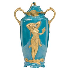 Urne Art nouveau turquoise et or de Pohring, fin du XIXe siècle