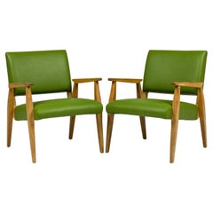 Mid-Century American Armchairs, Green Leather, Oak Frame, 20th Century