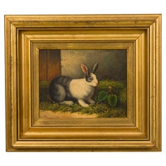 19th Century English Oil Painting of Grey and White Rabbit, Signed