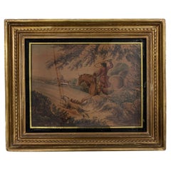 Pintura antigua en acuarela del siglo XIX que representa a unos cazadores a caballo