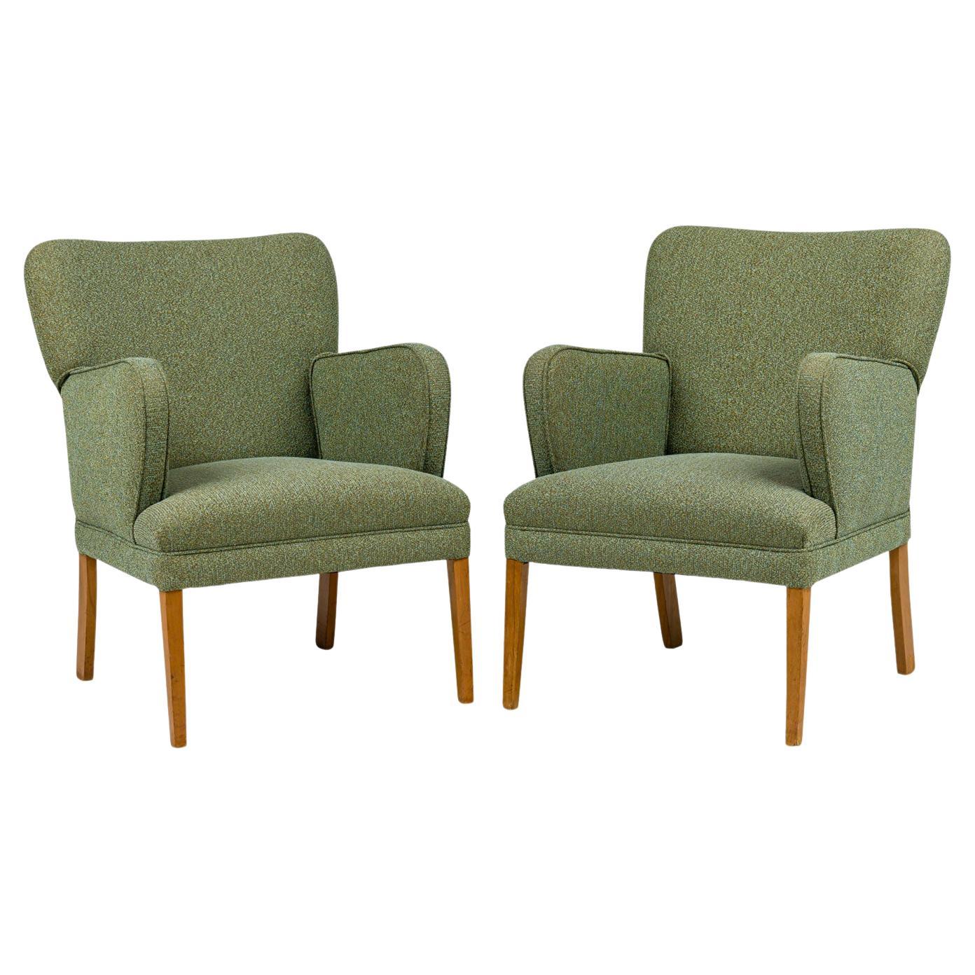 Mid-Century Modern Armchairs, Teal Tweed Fabric, American Design, Pair For Sale