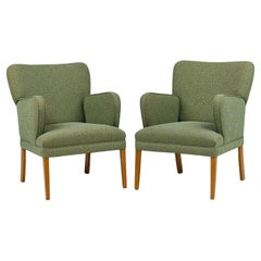 Mid-Century Modern Armchairs, Teal Tweed Fabric, American Design, Pair