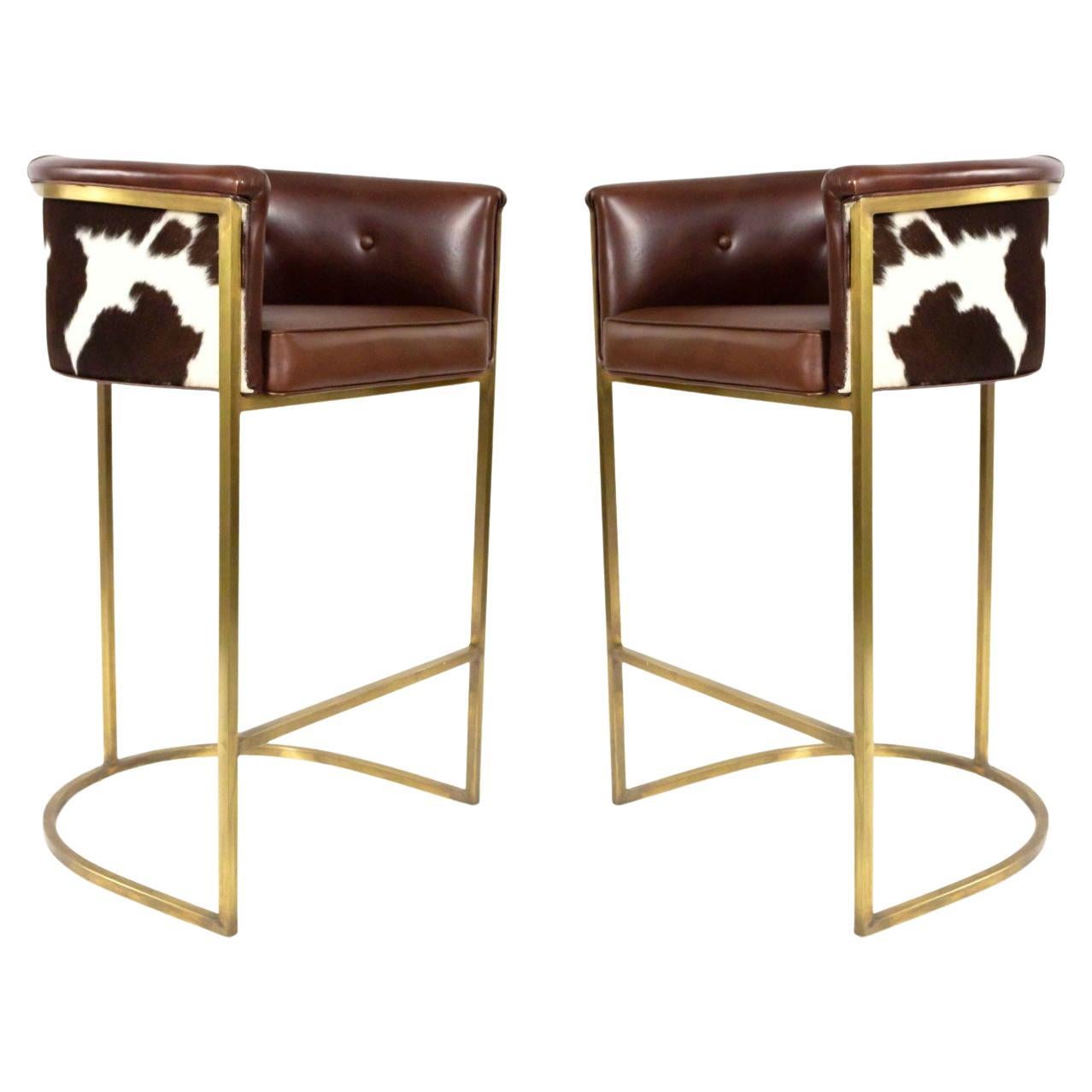 Contemporary Bar Stools, Brown Leather & Cow Hide, Brass Frames, USA