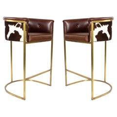 Contemporary Bar Stools, Brown Leather & Cow Hide, Brass Frames, USA