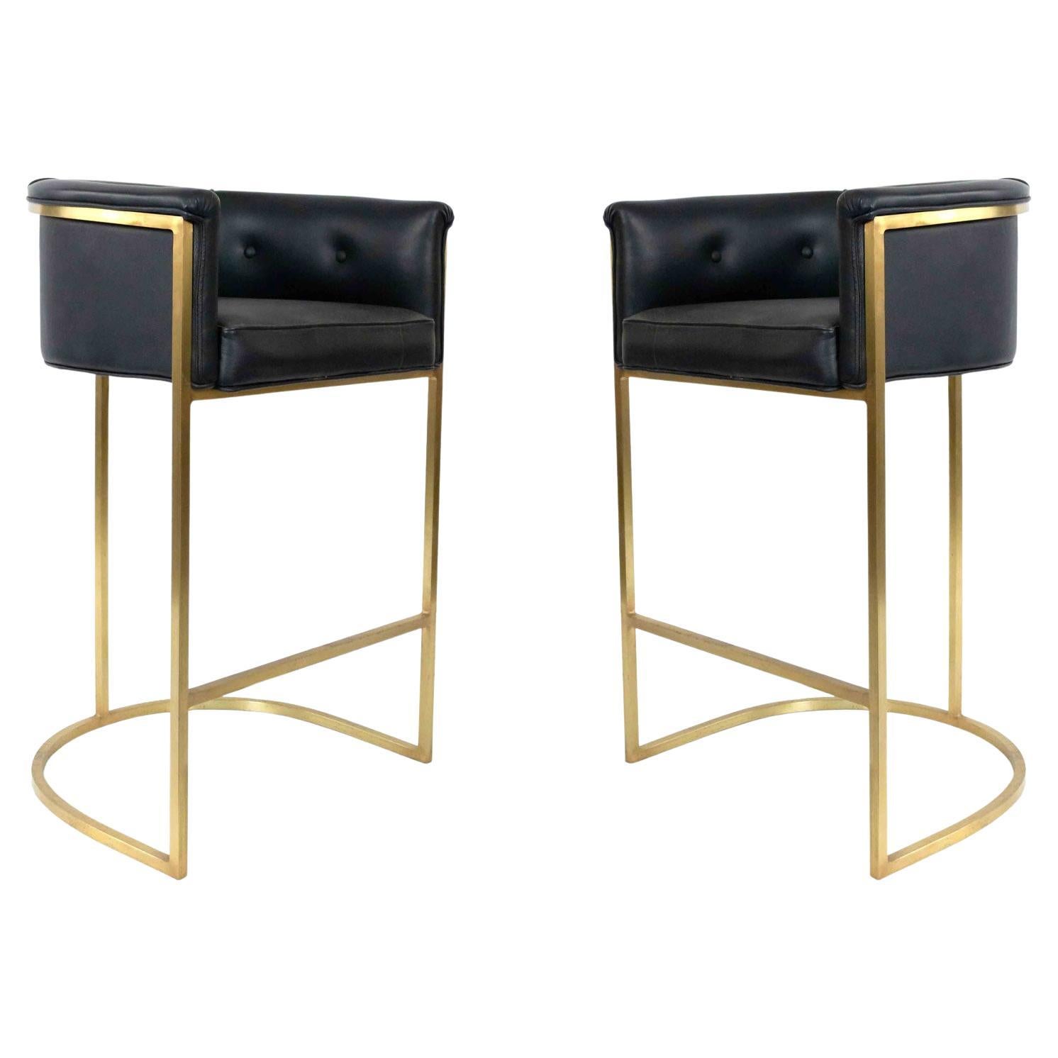 Modern Black Leather Bar Stool with Brass Frame, Made in USA