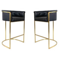 Modern Black Leather Bar Stool with Brass Frame, Made in USA