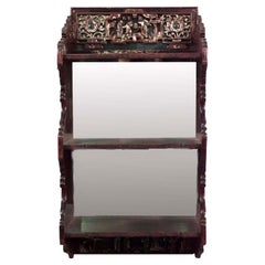 Chinese Maroon Lacquered Wall Shelf, Carved, 19th Century, 3 Shelves