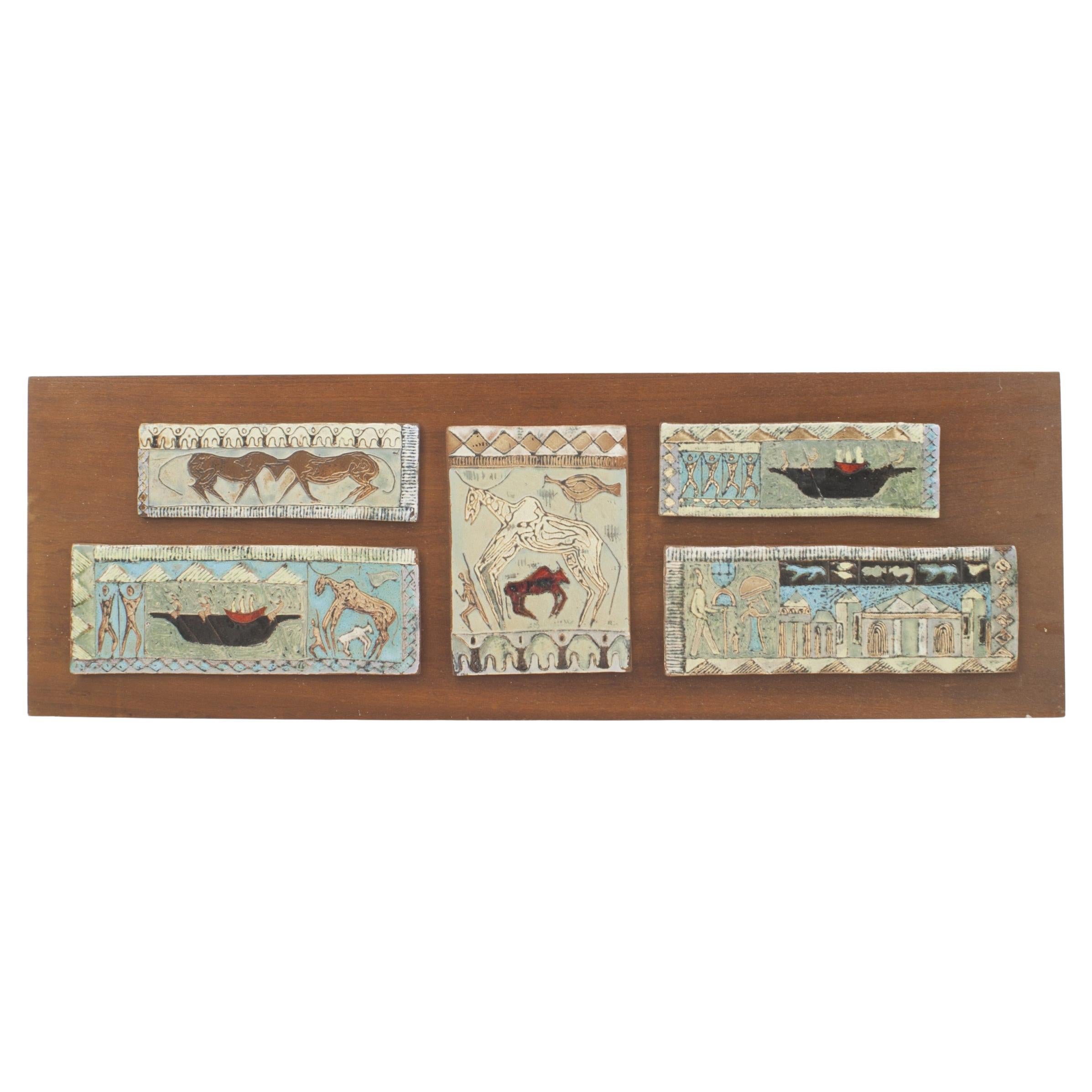 Italian Mid-Century Ceramic Panel Plaque, Five Mounted Tiles, Italy For Sale