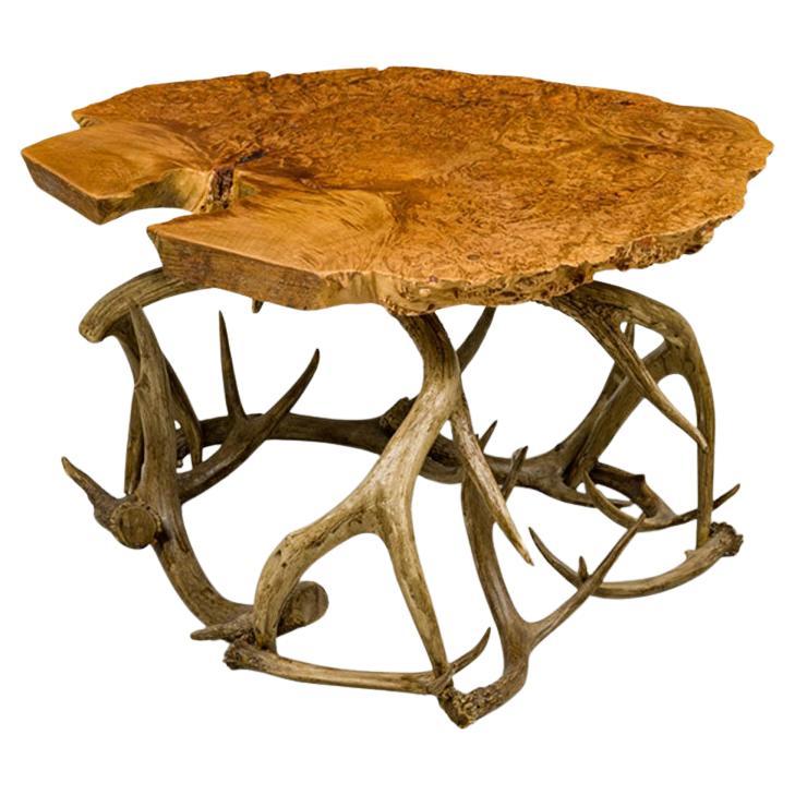 19th Century Rustic Side Table with Petrified Wood and Antler Base For Sale