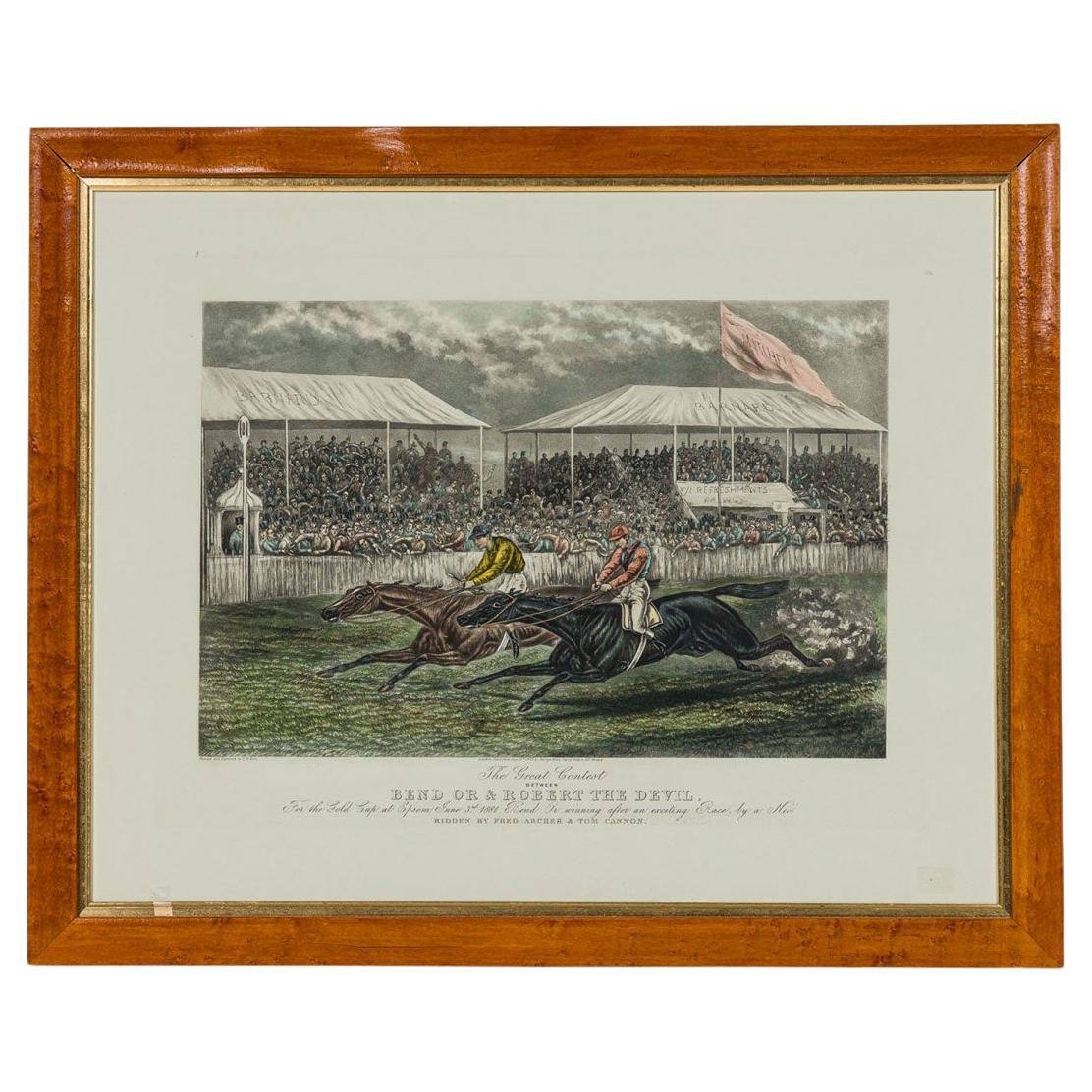 English Victorian Lithograph Equestrian Scene, Framed, 24x29.5 Inches
