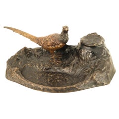 19th Century French Bronze Pheasant Inkwell with Roll Blotter