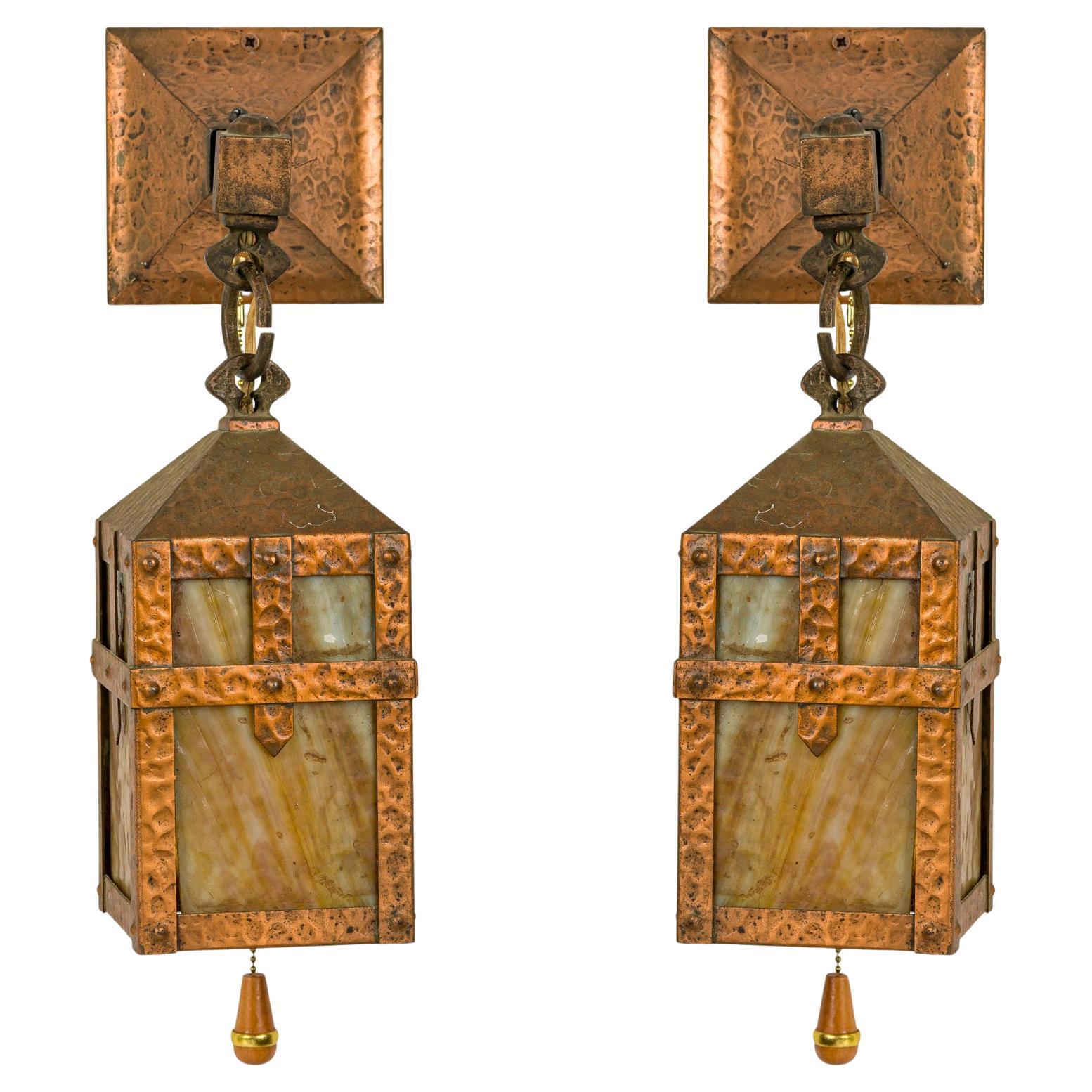 Rustic Arts & Crafts Wall Sconces in Hammered Iron & Copper