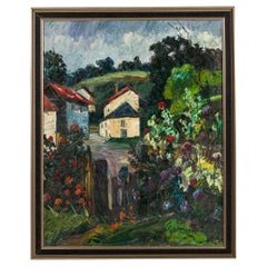 Mid-Century Modern Oil on Canvas Landscape with House, Signed