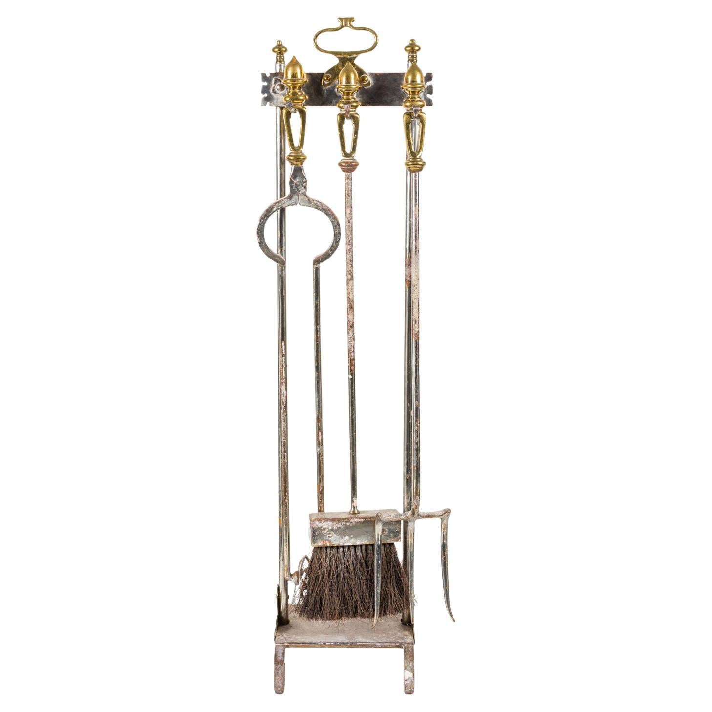 French Victorian Iron and Brass Fire Tools Set, Scroll Design For Sale