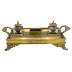 Victorian Bronze Double Inkwell with Crystal Wells, UK, 19th Century