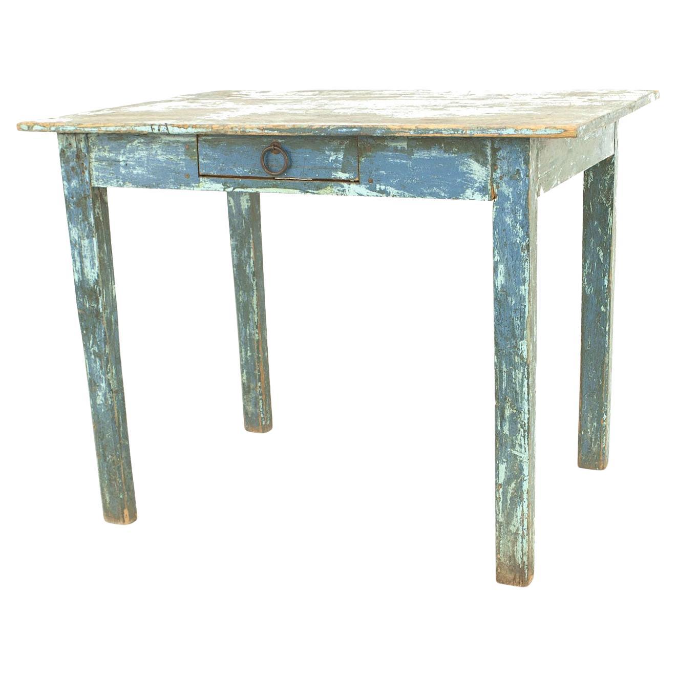 19th Century American Rustic Blue Drop Leaf Dining Table For Sale