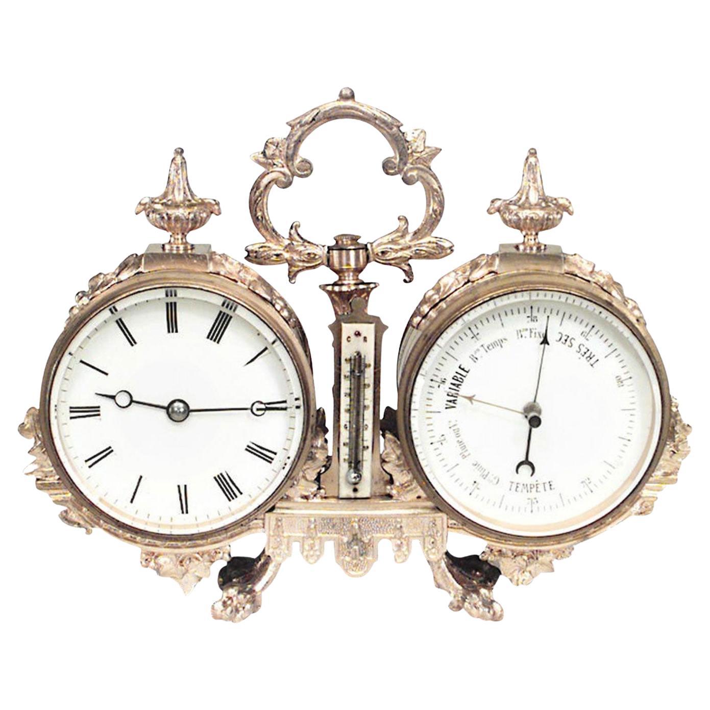 19th Century French Victorian Bronze Desk Clock and Barometer