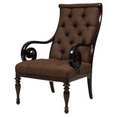 Victorian Style Armchair in Carved Mahogany with Brown Wool Upholstery
