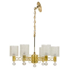 Schonbek Brass and Crystal 6-Arm Chandelier, Mid-Century Modern, USA