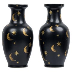Pair of Black Hand-Painted Gold Star and Moon Vases