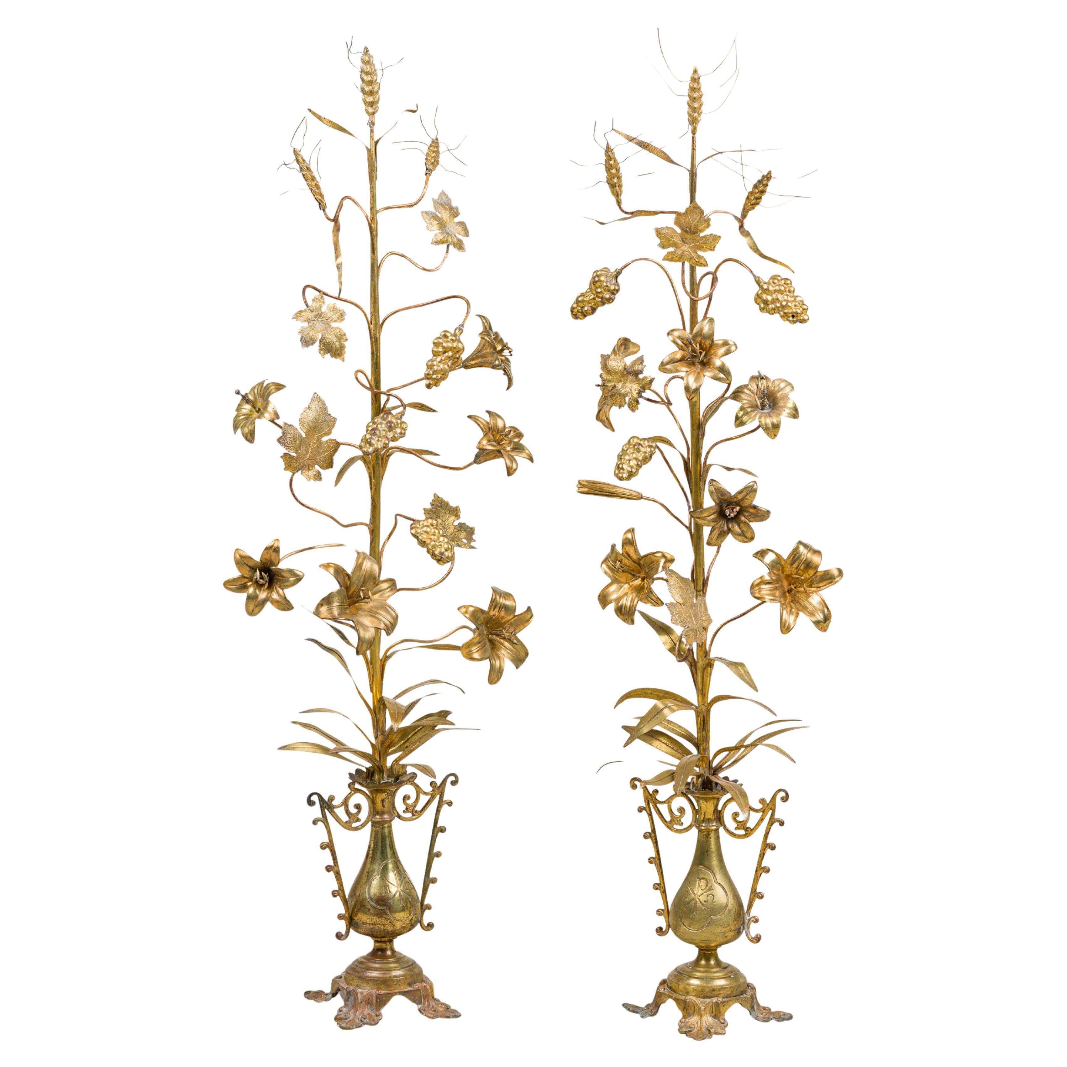 19th Century Biedermeier Brass Candelabra with Vine Design, Antique For Sale