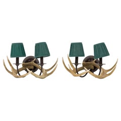 Rustic Resin Faux Antler Wall Sconces with Green Shades, 19th Century