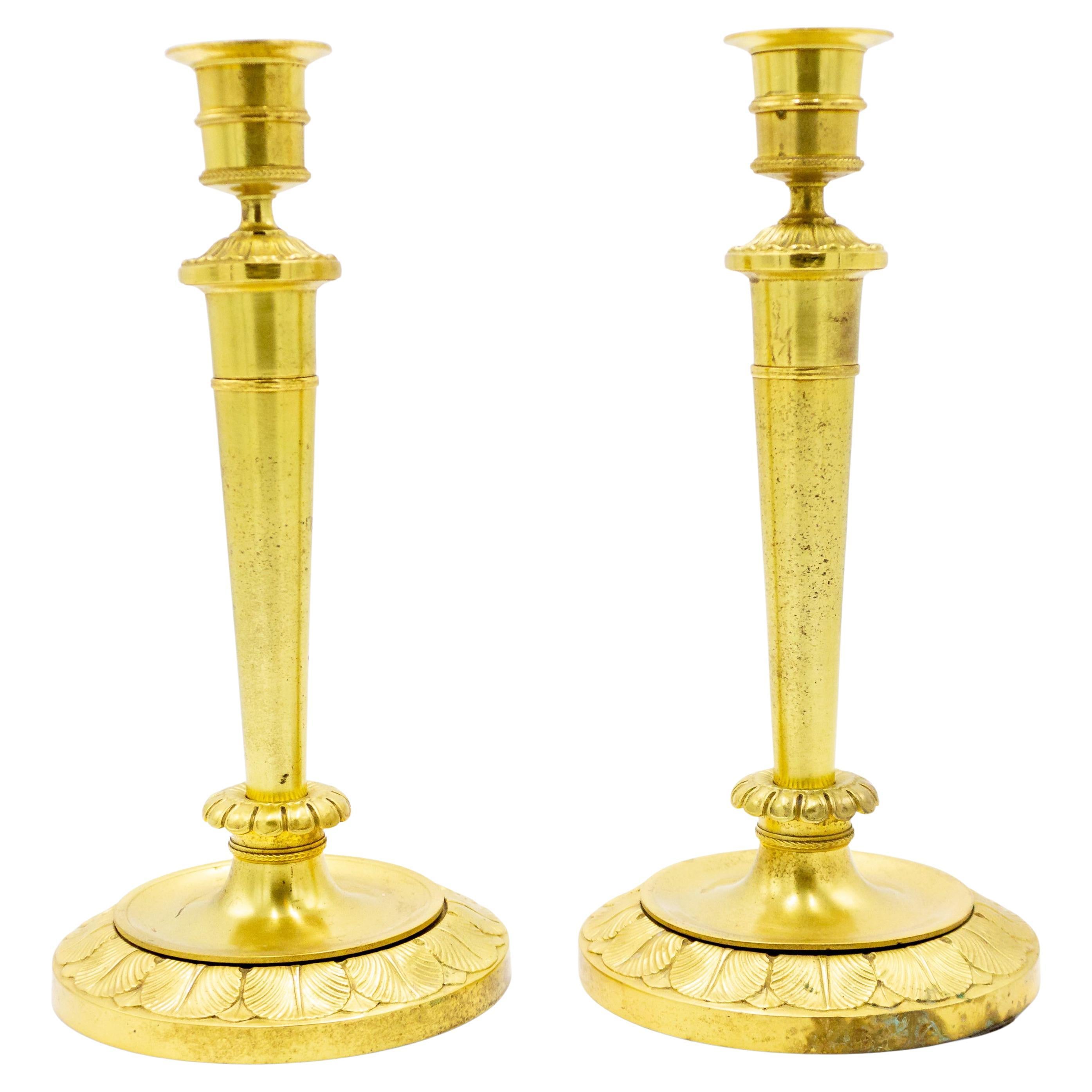 19th Century English Regency Bronze Dore Tapered Candlesticks