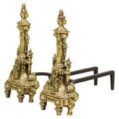 18th Century French Louis XVI Bronze Flame Lyre Andirons, Antique