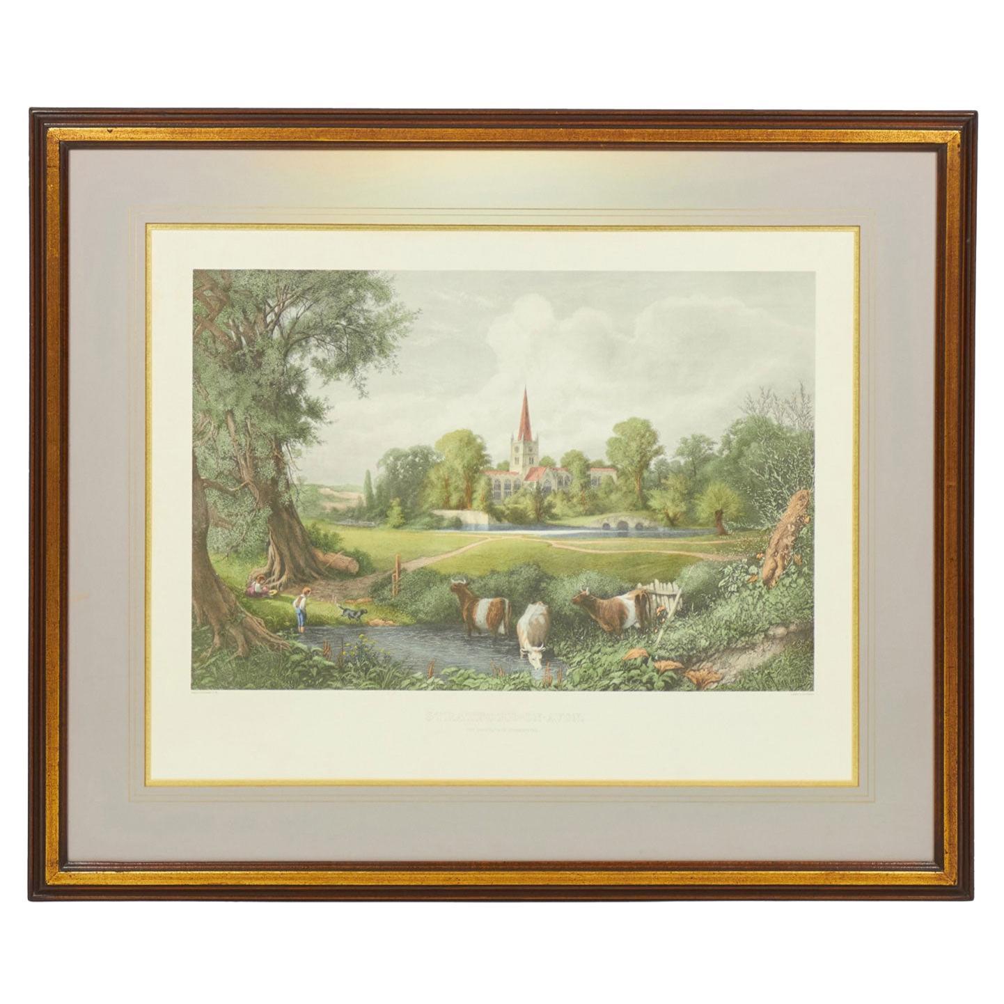 Framed Victorian Print of Pastoral Landscape with Cattle, 19th Century