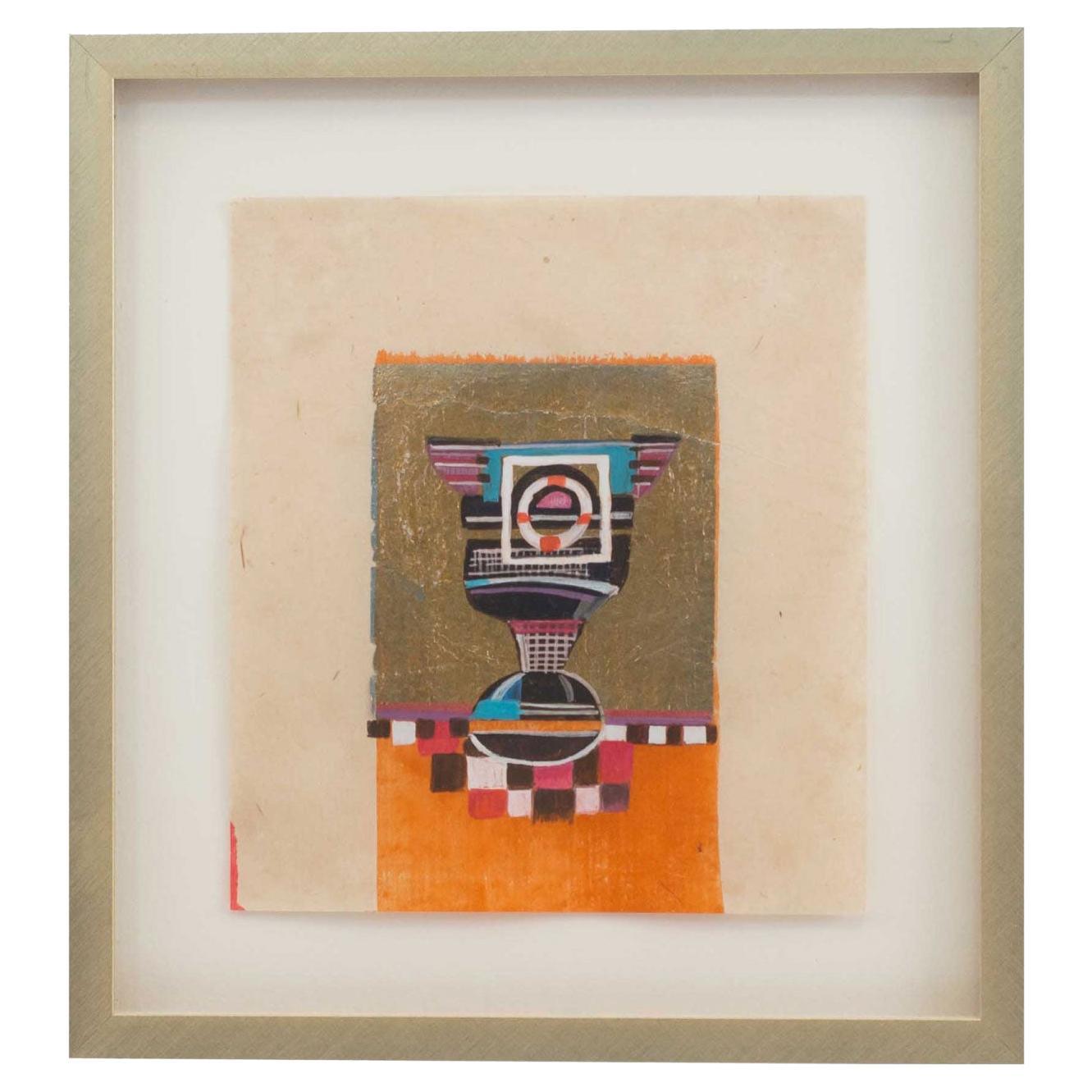 Peinture abstraite contemporaine à la gouache avec feuille d'argent, encadrée en vente