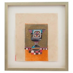 Zeitgenössisches abstraktes Gouache-Gemälde mit Silberfolie, gerahmt